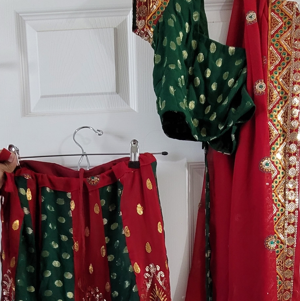 Red, green and gold lehenga